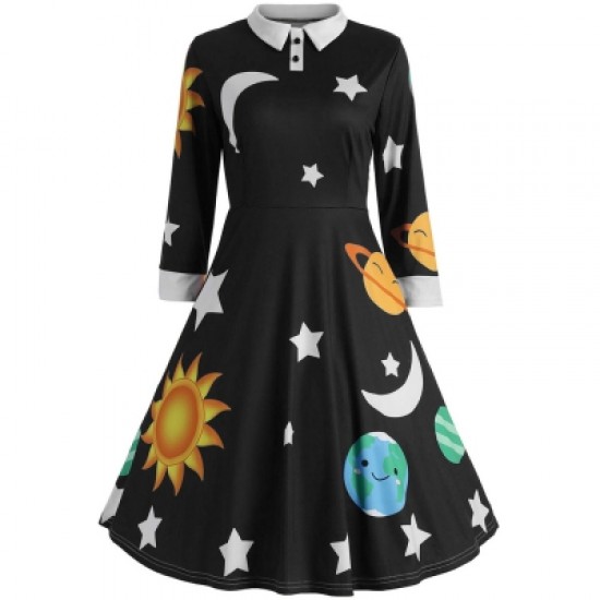 Long Sleeve Sun Moon Star Print A-line Women Dress