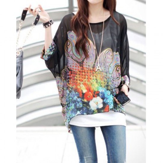Scoop Neck Batwing Sleeve Printed Chiffon Black Blouse For Women