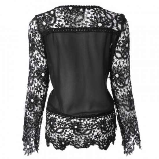 Round Neck Long Sleeve Spliced Hollow Out Blouse